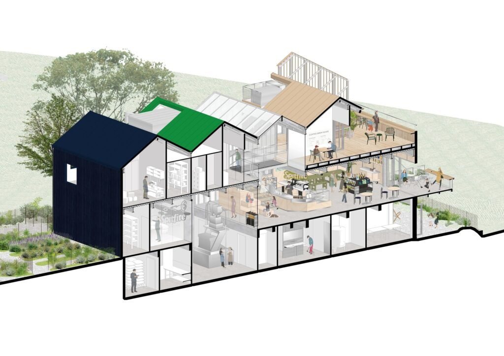 3D axonometric cutaway diagram of Spitfire Roastery showing interior production zones, coffee roaster, central hub, cafe, and rooftop terrace.