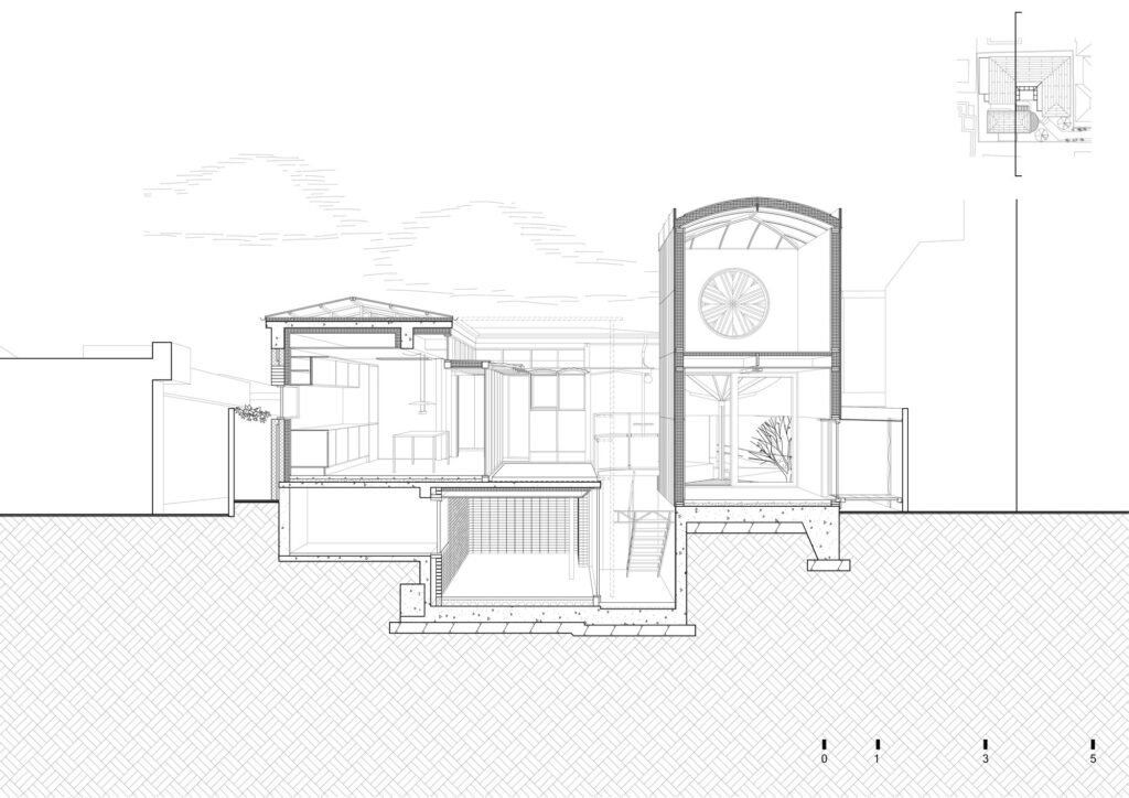 Architectural sectional perspective drawing of Saekdong House showing the underground air-raid shelter, sunken pathway, main house, and upper loft.