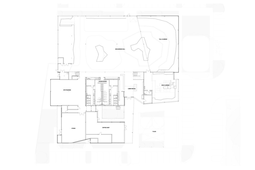 Architectural floor plan diagram of Crux South showing climbing halls, lobby, coffee shop, and plaza layout.