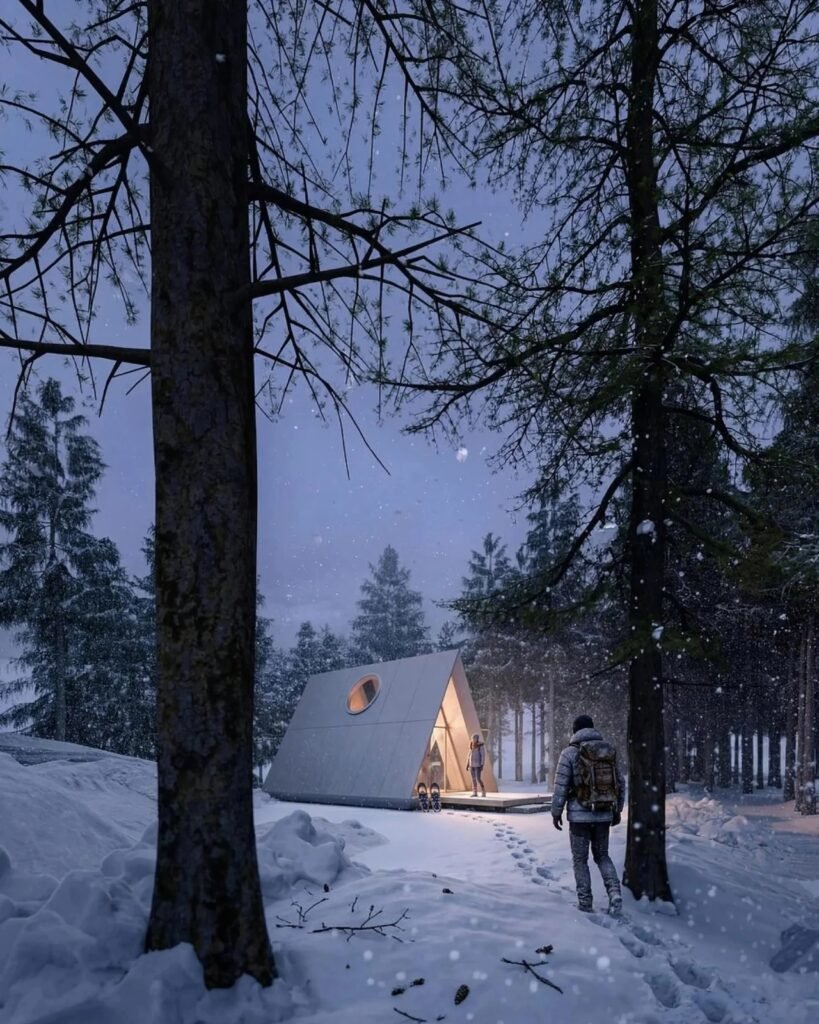 Camping House in a snowy winter pine forest illuminated from within with snowfall and a person walking towards the entrance.