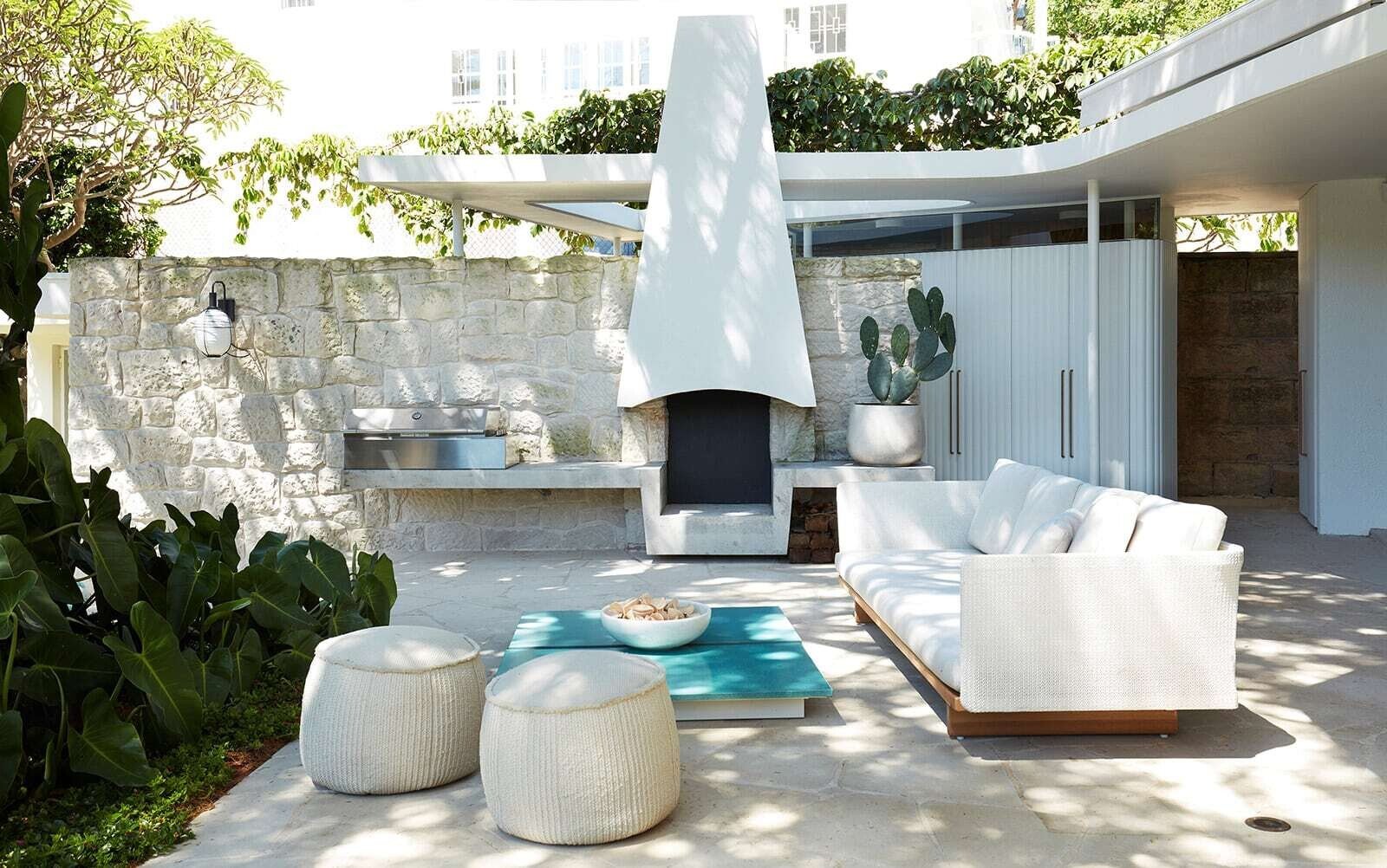 Outdoor fireplace and garden seating