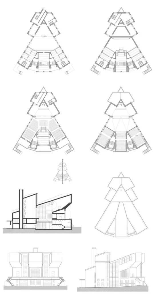 Original sheet combining plans, sections and elevations