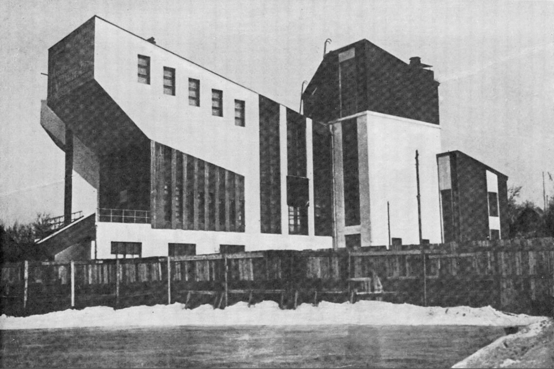 Historic view of Rusakov Club showing its projecting auditorium blocks