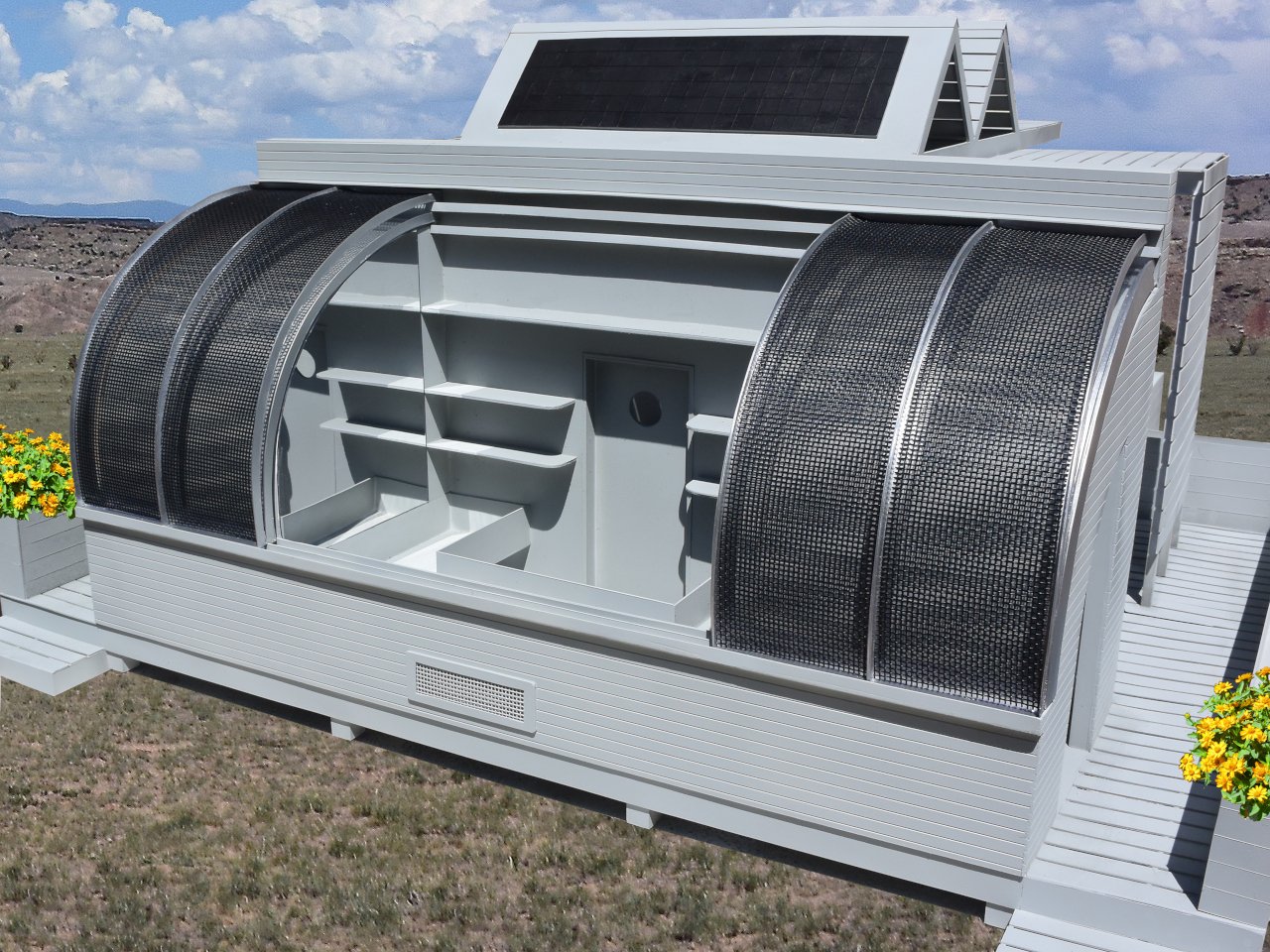 The open enclosure reveals the growing shelves