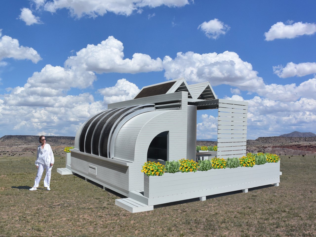 The curved enclosure meets the deck and service elements