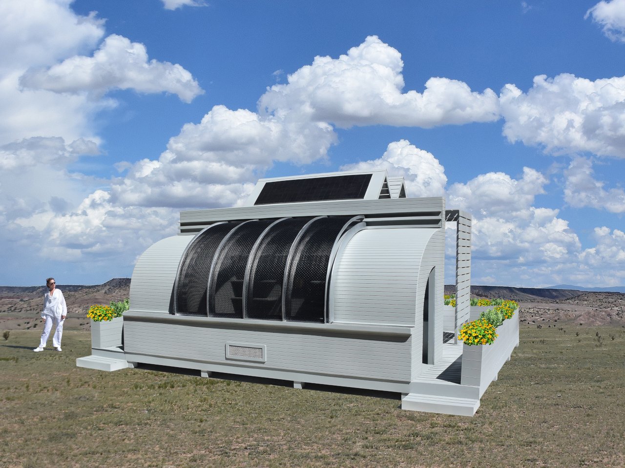 Curved glazing and shade panels define the growing enclosure