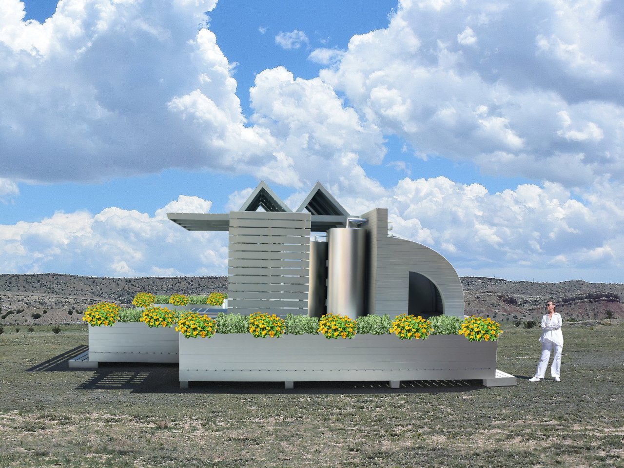 Side planters extend cultivation around the pavilion