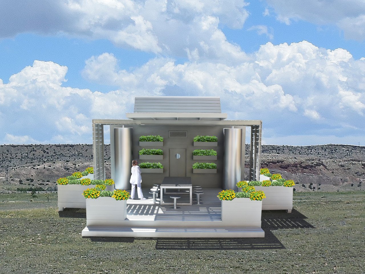 A front view places dining beside the planted wall