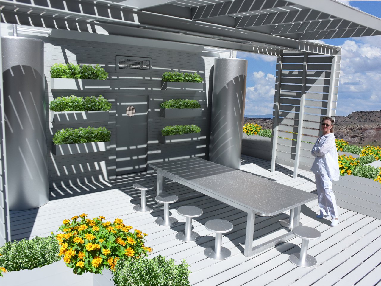 A table sits between the planted wall and shaded deck