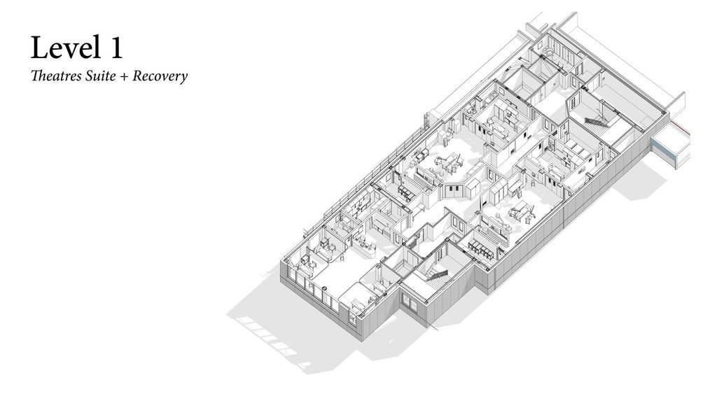 First floor plan combining the operating theatre suite and recovery areas around a central circular nursing station, with several bed-like treatment bays.