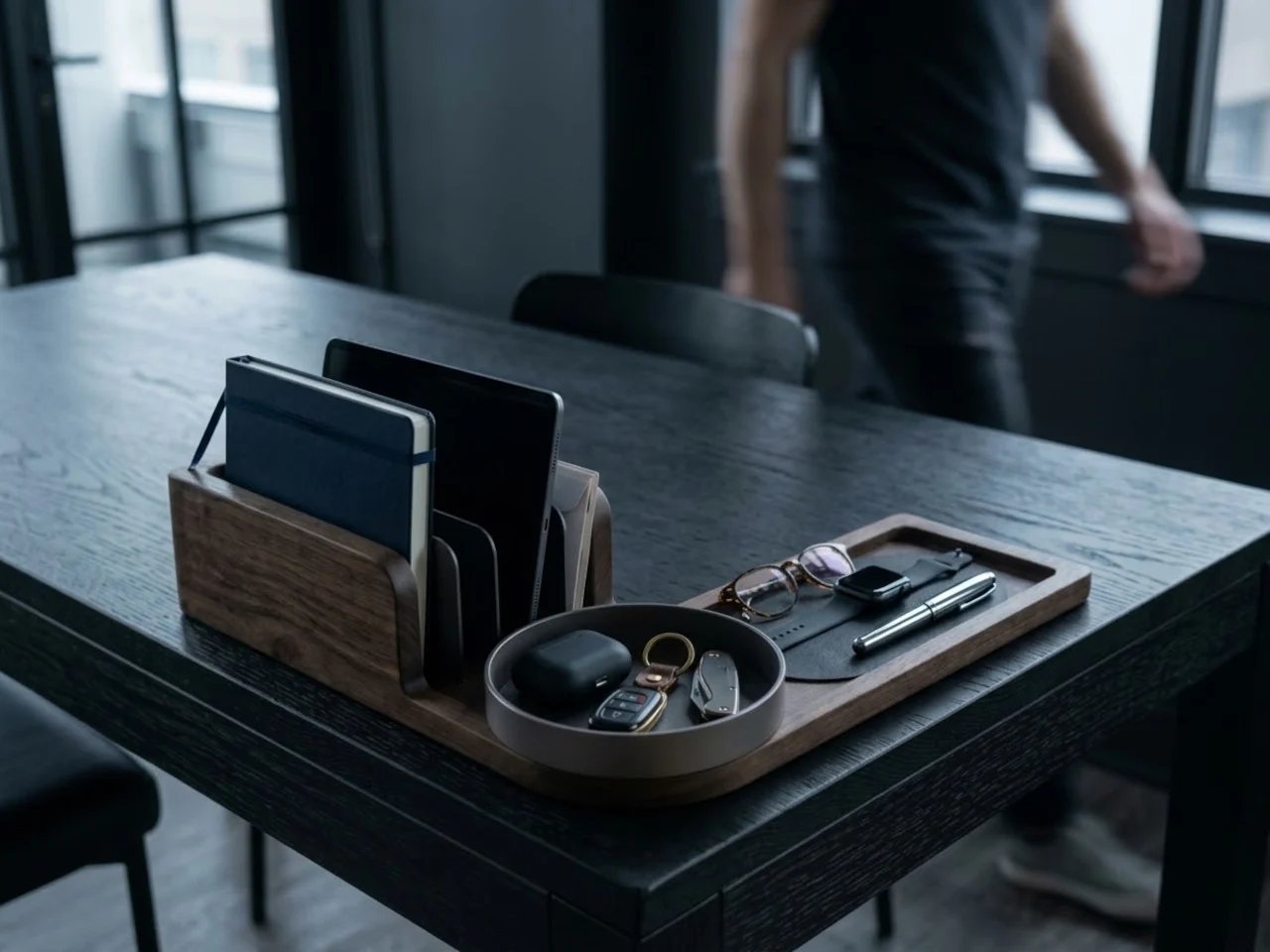 The Anchor desk organizer concept with upright storage and low trays / تصور منظّم The Anchor بتخزين رأسي وأوعية منخفضة
