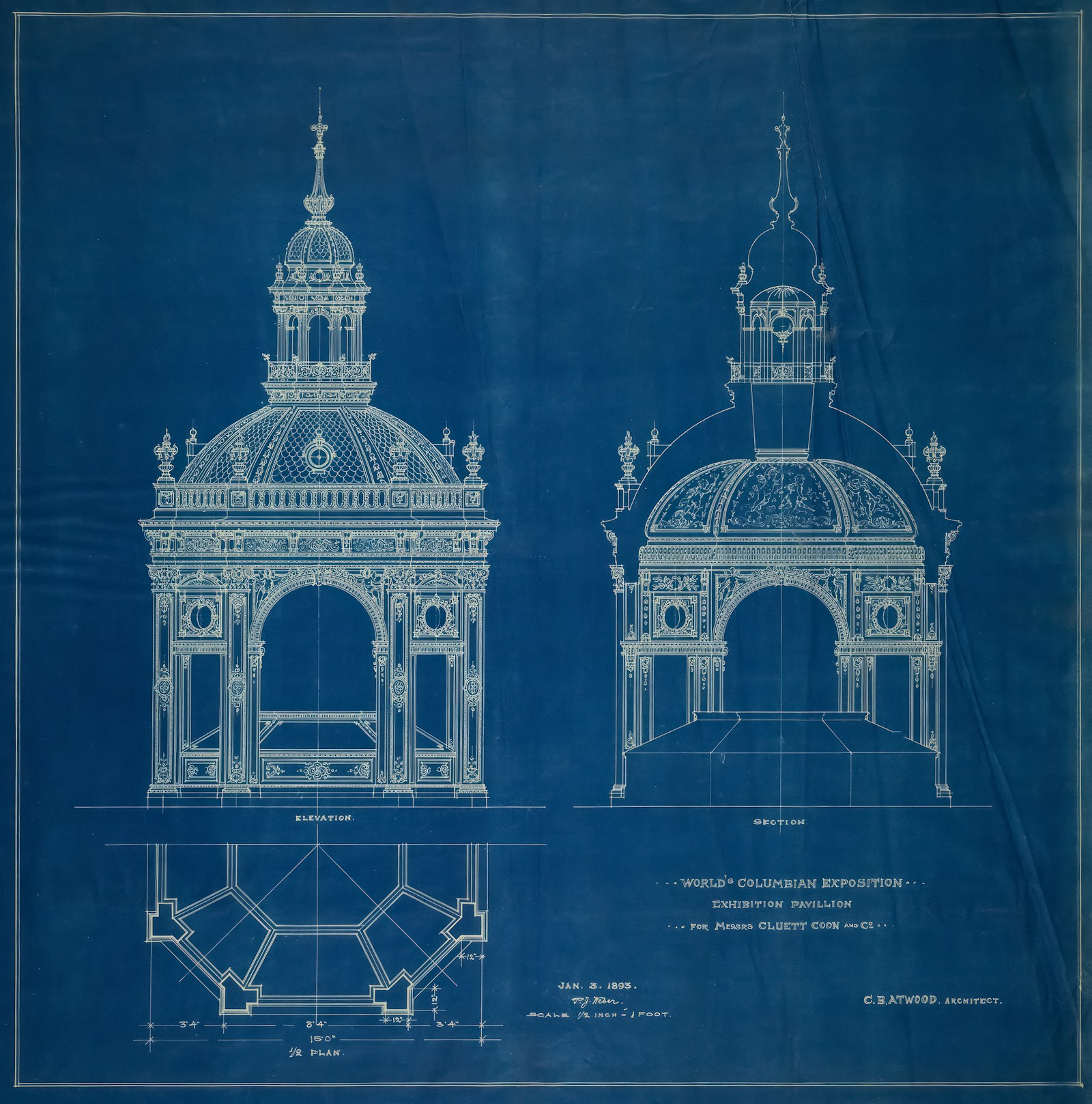 Historic blue architectural sheet showing an elevation, section and partial plan of an exhibition pavilion, with white lettering.