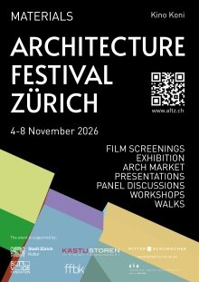 Architecture Festival Zürich 2026 official Materials poster, 4–8 November, Kino Koni in Zürich