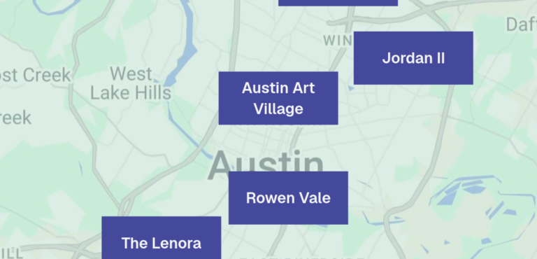 Map of five Austin affordable housing developments receiving funding