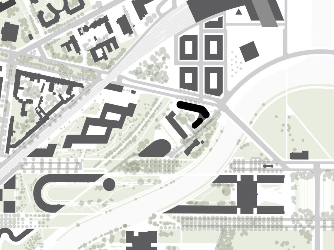Site plan showing the two volumes and their position near the Spree.