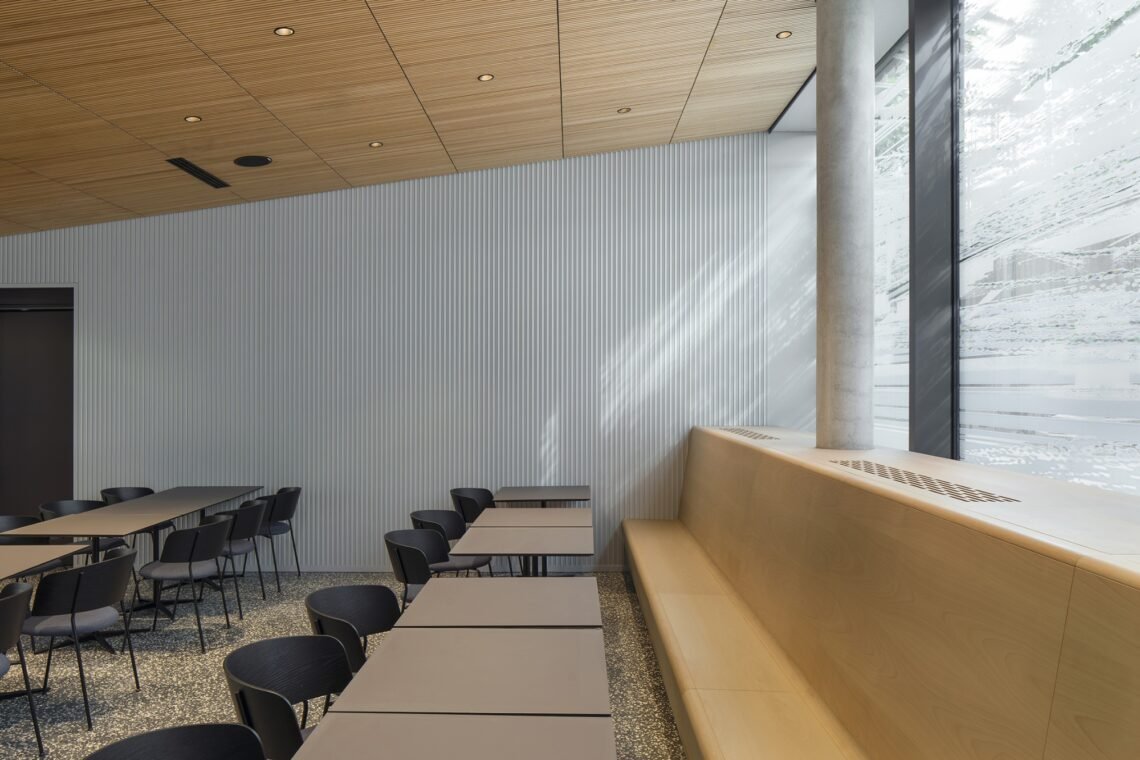 Daylight reaches the bench through patterned glazing in the cafeteria.