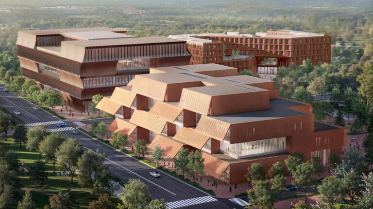 Aerial rendering of the planned Bentonville Institute of Technology campus by BIG
