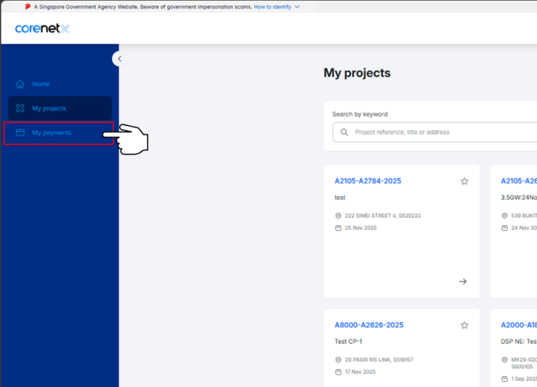 CORENET X digital submission portal interface for building projects in Singapore