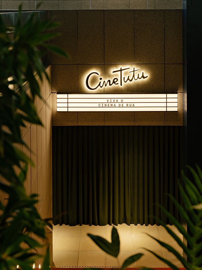 Illuminated Cine Tutu sign above the cinema entrance