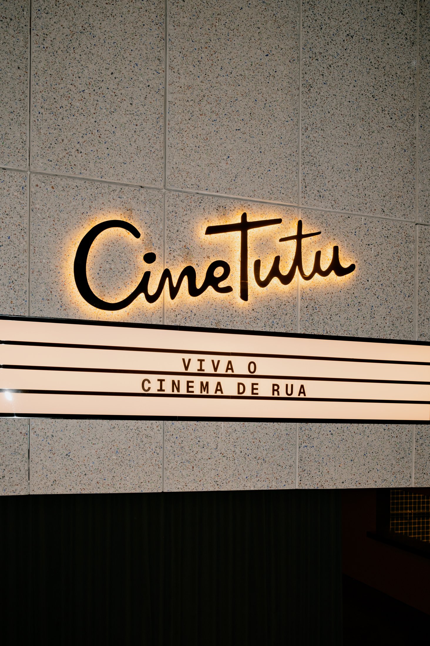 Illuminated Cine Tutu lettering at the entrance