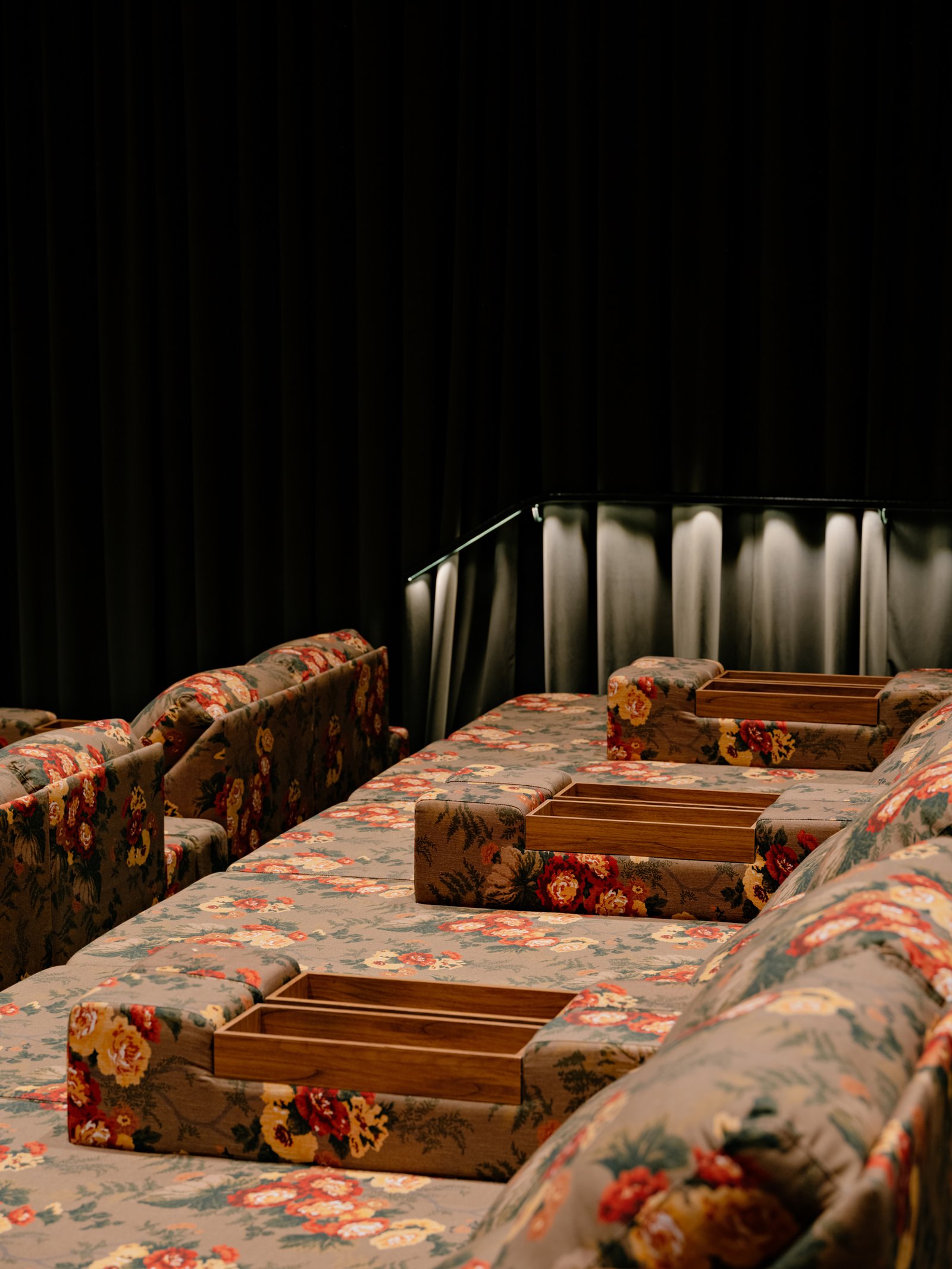 Reclining front seats alongside the illuminated handrail