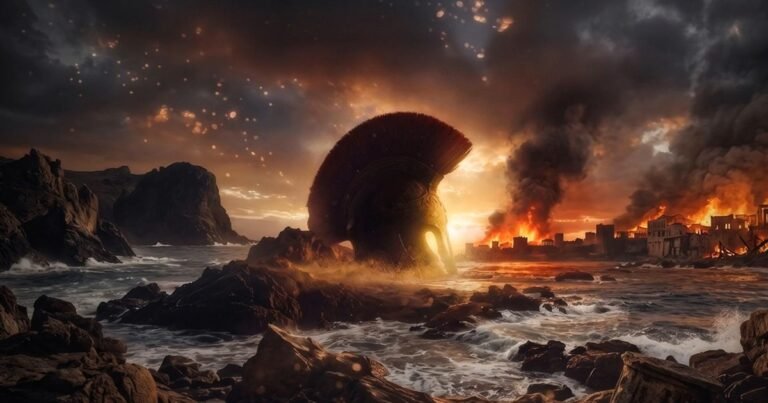 Official Creavit competition illustration showing a helmet by the sea and a burning ancient city, representing the Troy theme.