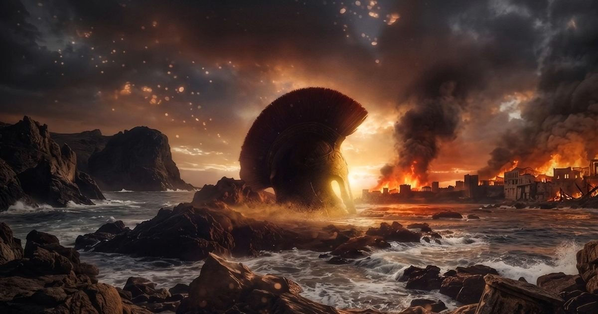 Official Creavit competition illustration showing a helmet by the sea and a burning ancient city, representing the Troy theme.