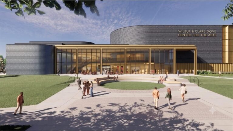 Official exterior rendering of the Dove Center for the Arts at Shenandoah University
