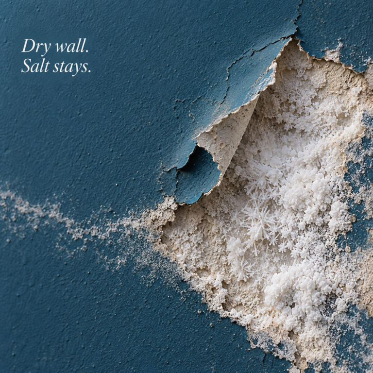 Editorial illustration of peeling blue wall paint exposing white salt crystals, with the words Dry wall. Salt stays.