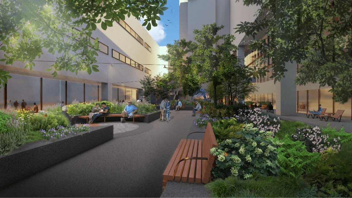 Rendering of the redesigned Eagle Courtyard at Walter Reed National Military Medical Center