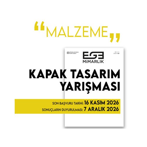Official Ege Mimarlık cover design competition poster for the January 2027 Material issue, organised by the TMMOB Chamber of Architects İzmir Branch