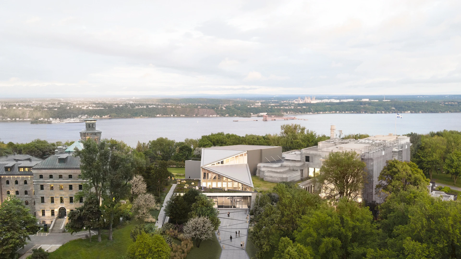 Architectural model of Espace Riopelle – Michael Audain Pavilion overlooking the St. Lawrence River