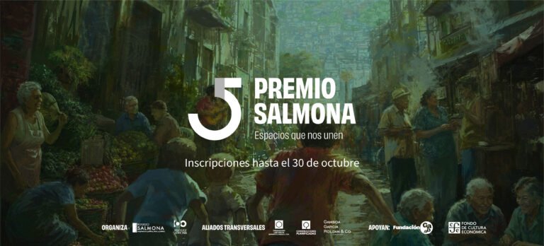 Official fifth Rogelio Salmona Prize call poster showing a shared urban street and the October 30 deadline, issued by Fundación Rogelio Salmona.