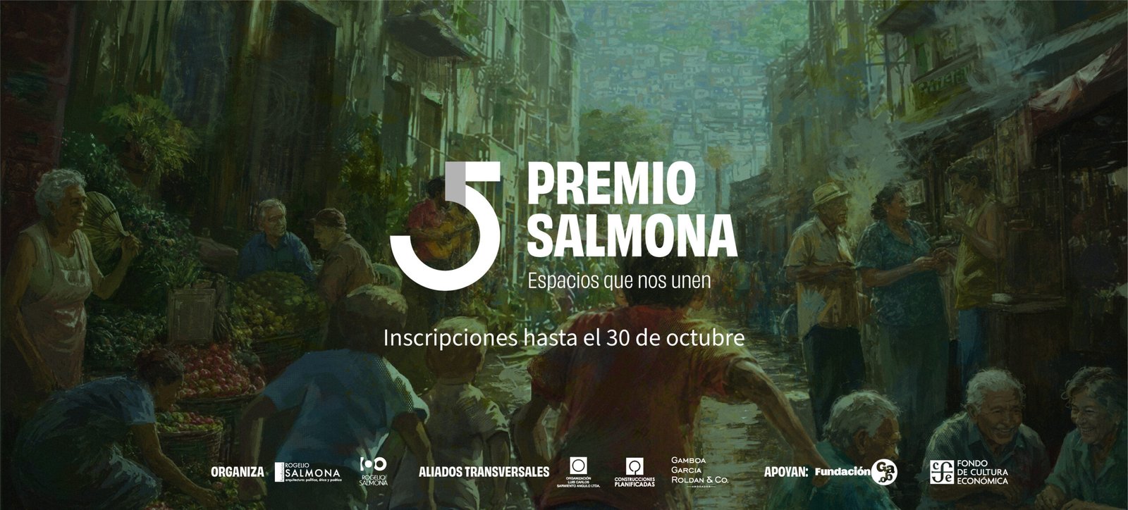Official fifth Rogelio Salmona Prize call poster showing a shared urban street and the October 30 deadline, issued by Fundación Rogelio Salmona.