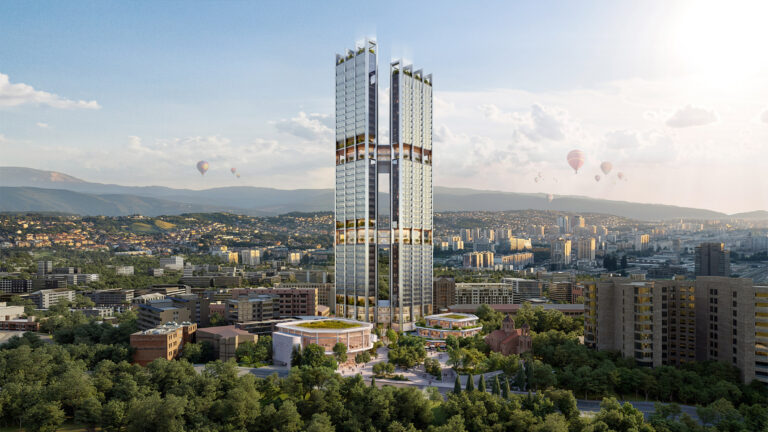 Architectural rendering of two linked towers above a low planted podium and an existing church in Yerevan