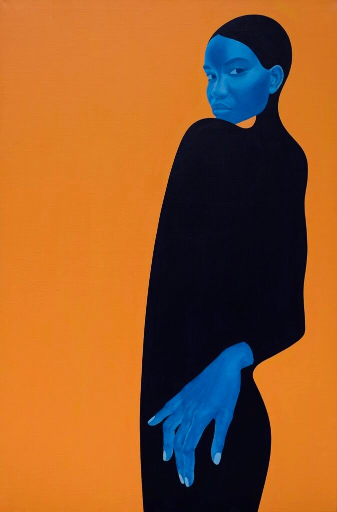 Twisted by Laura Fridman: a blue-faced figure in black turns against an orange background.