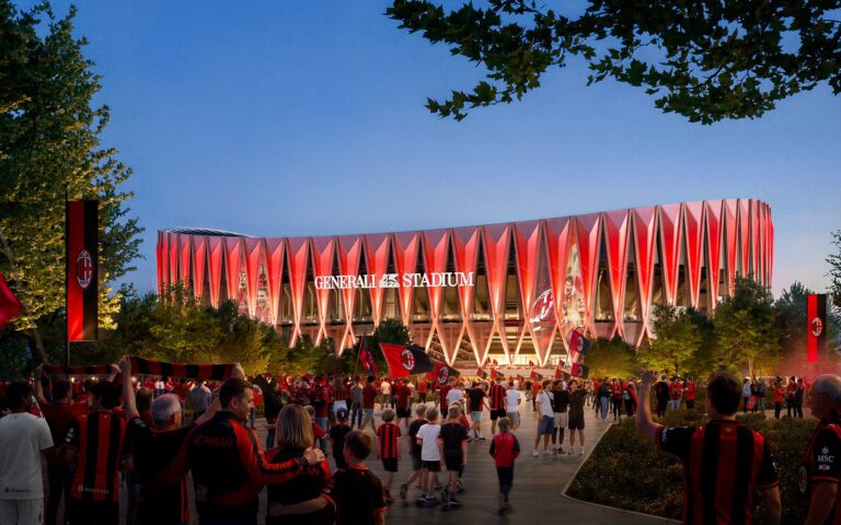 Architectural rendering of Generali Stadium in Milan showing the X-frame exterior and pedestrian approach