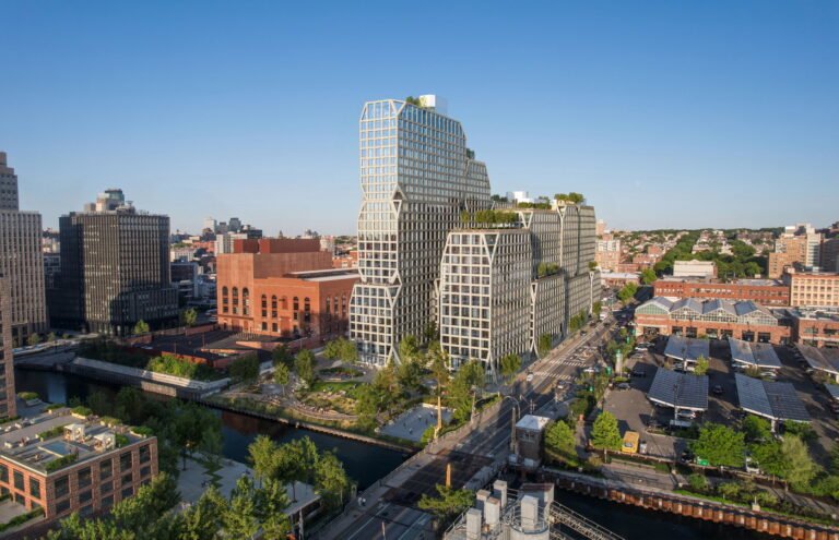Aerial perspective of Gowanus 175 Third Street in Brooklyn designed by BIG