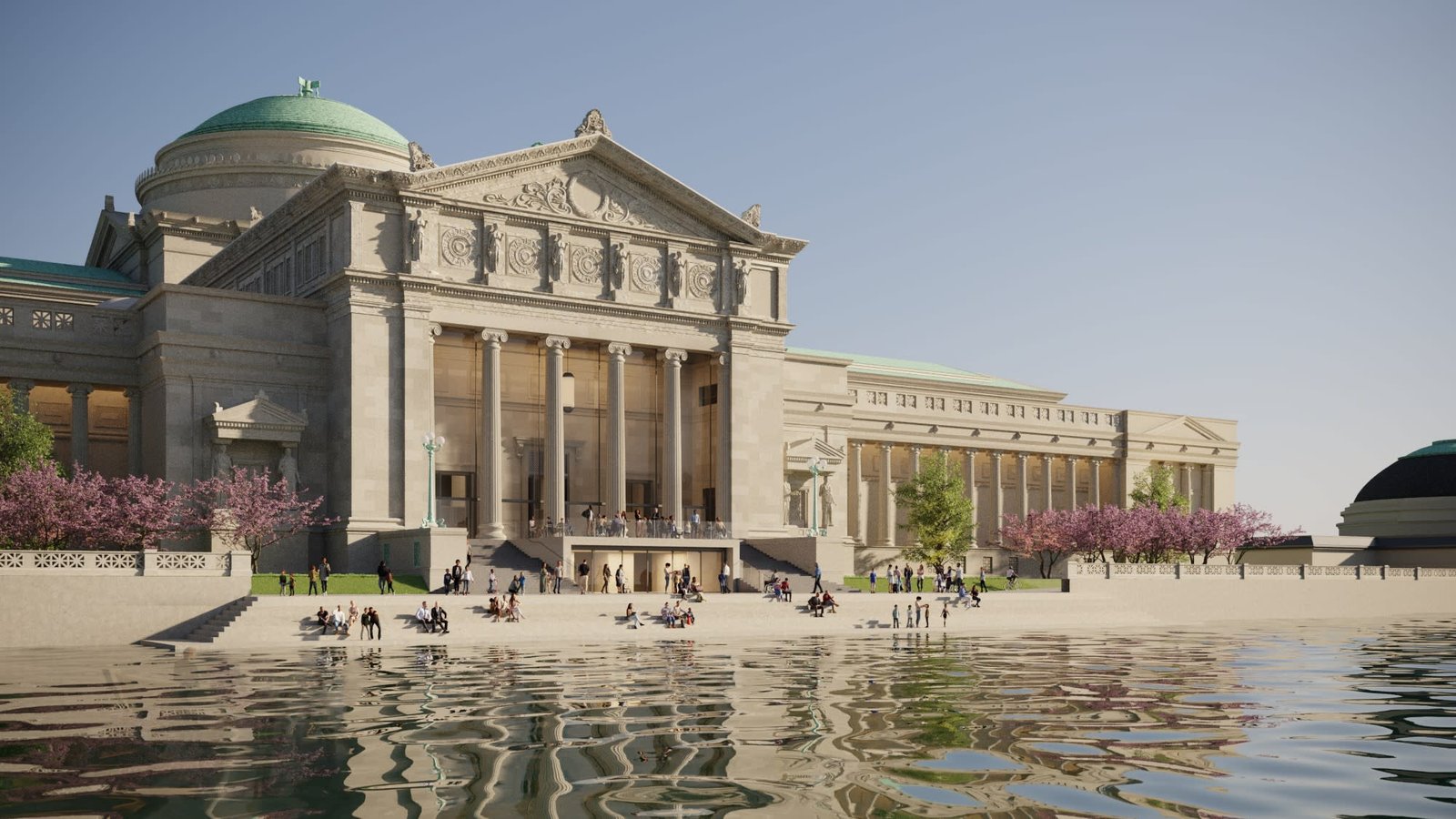 Daytime architectural rendering of the proposed South Portico entrance at Chicago’s Griffin Museum of Science and Industry.