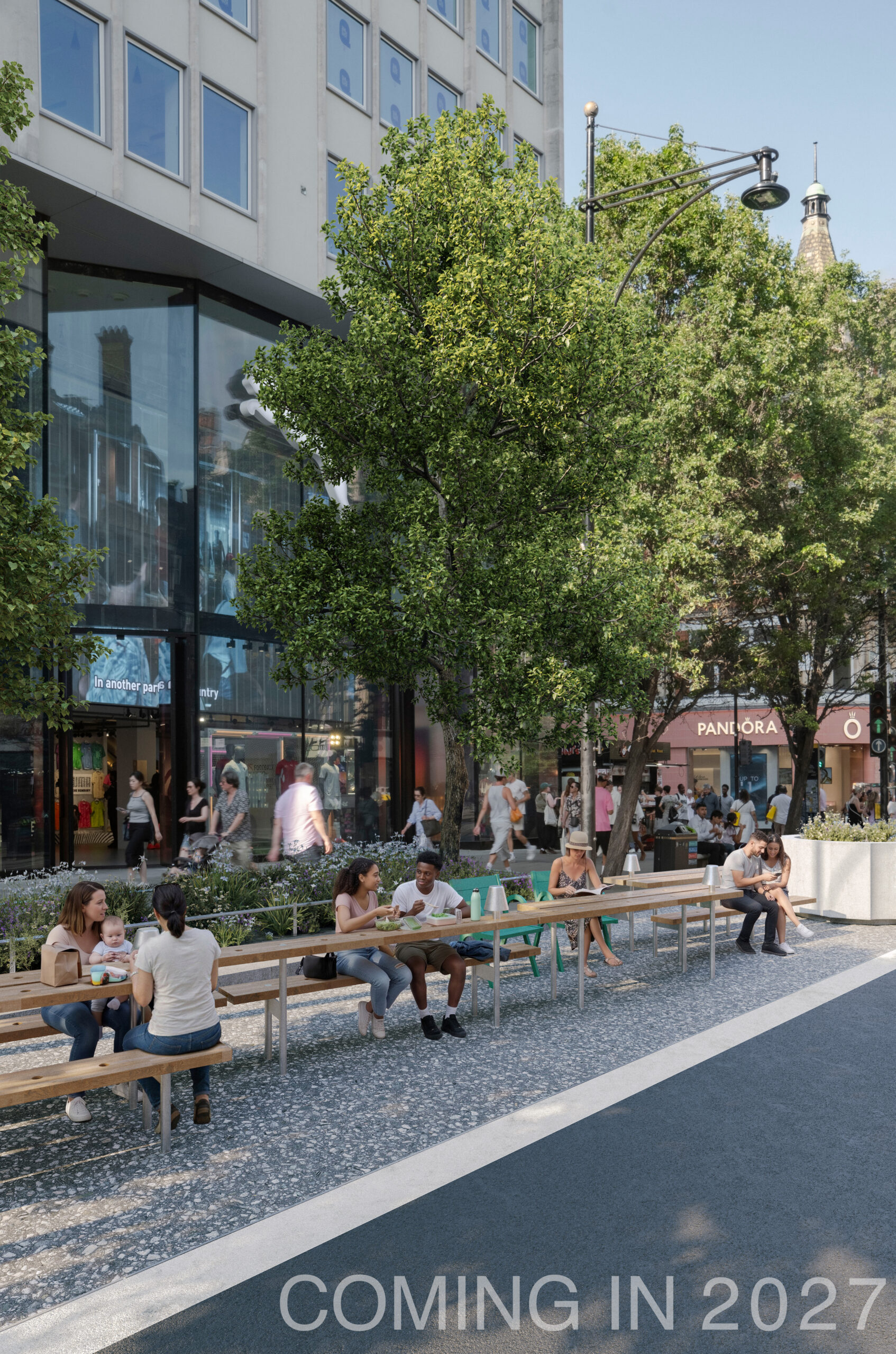 Visualization of planting and seating along a pedestrianised Oxford Street