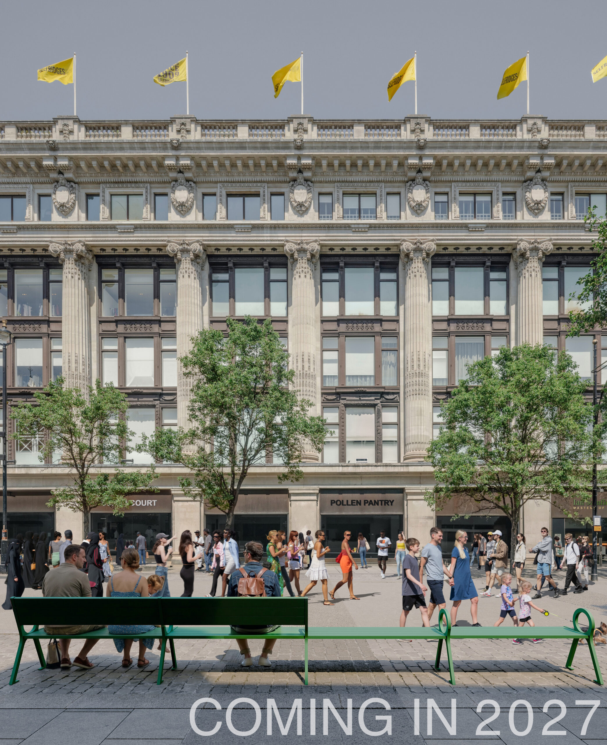 Visualization of seating in front of Selfridges on a pedestrianised Oxford Street