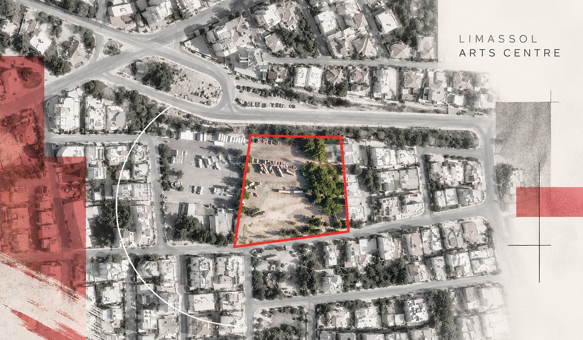 Official Limassol Arts Centre competition graphic showing the site outlined in red on an aerial map. Municipality of Limassol; source: Cyprus Architects Association.