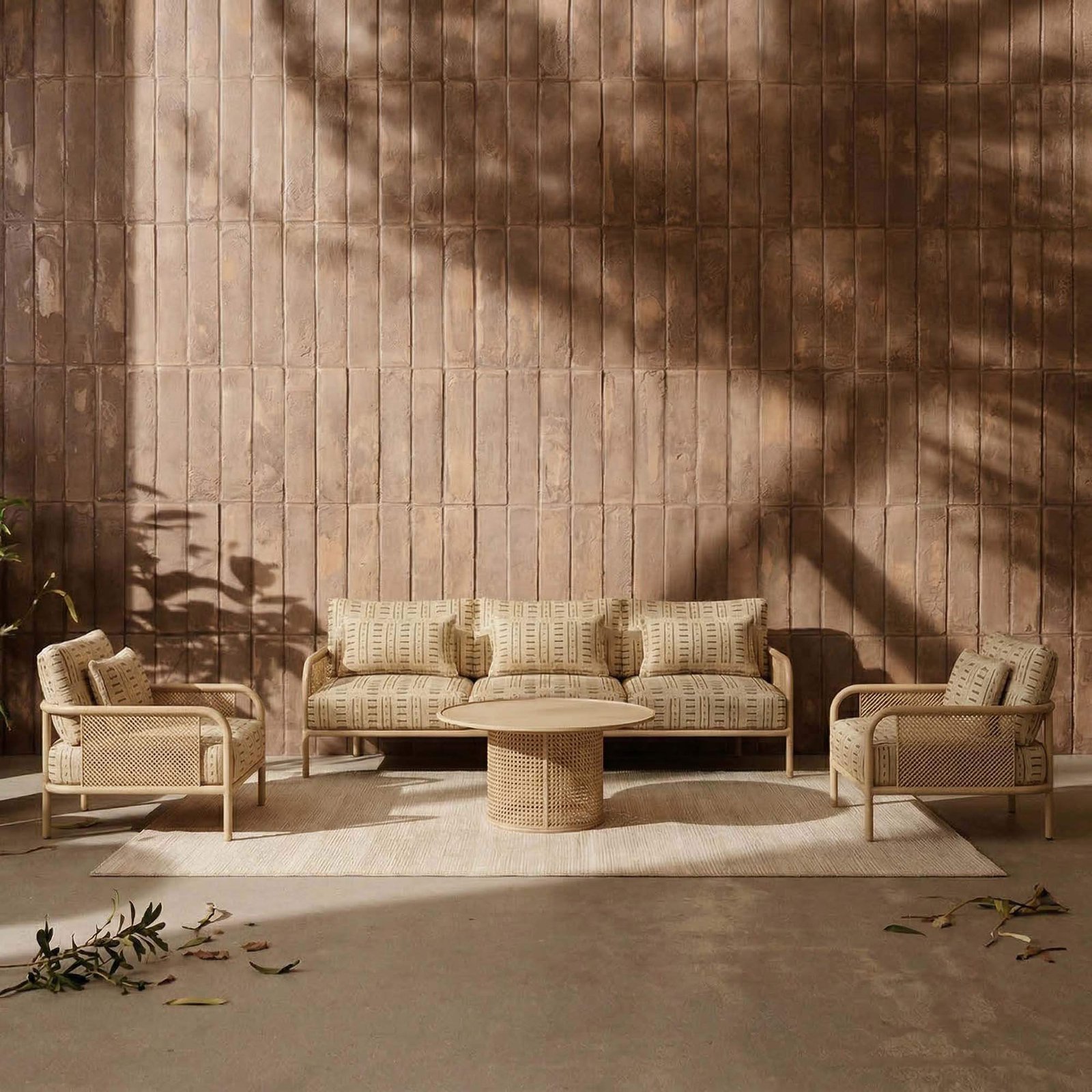 MAGNA outdoor sofa and chairs arranged around a low circular table