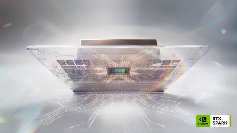 Official illustration of the NVIDIA RTX Spark chip inside a transparent laptop chassis.