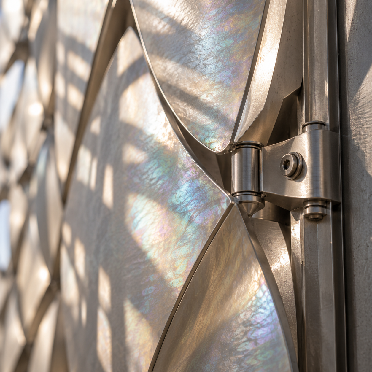 Conceptual close-up of a metal pivot connection supporting iridescent, nacre-like facade panels.