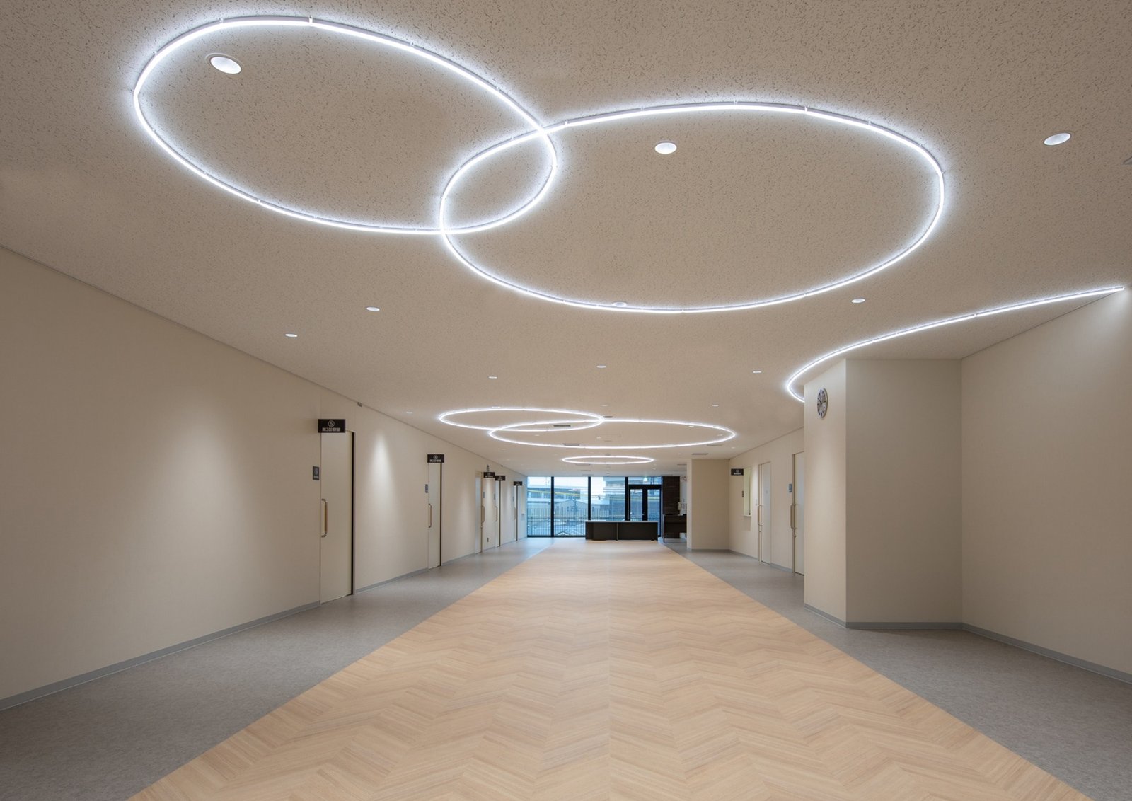 Interior circulation space with circular ceiling lights