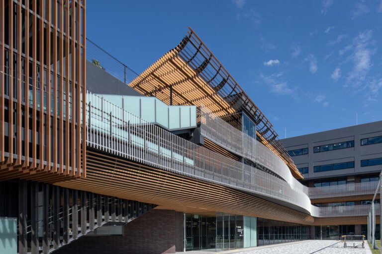 Curved public edge beneath the elevated roof