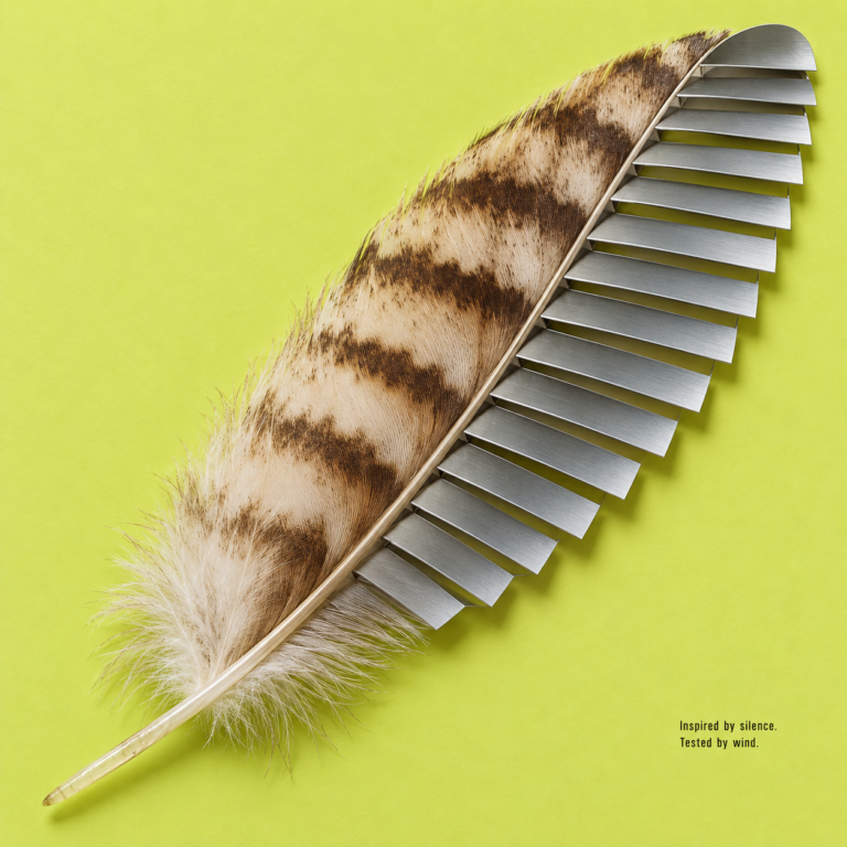 An owl feather merges with metallic facade fins on a lime-green background, with the words 'Inspired by silence. Tested by wind.'