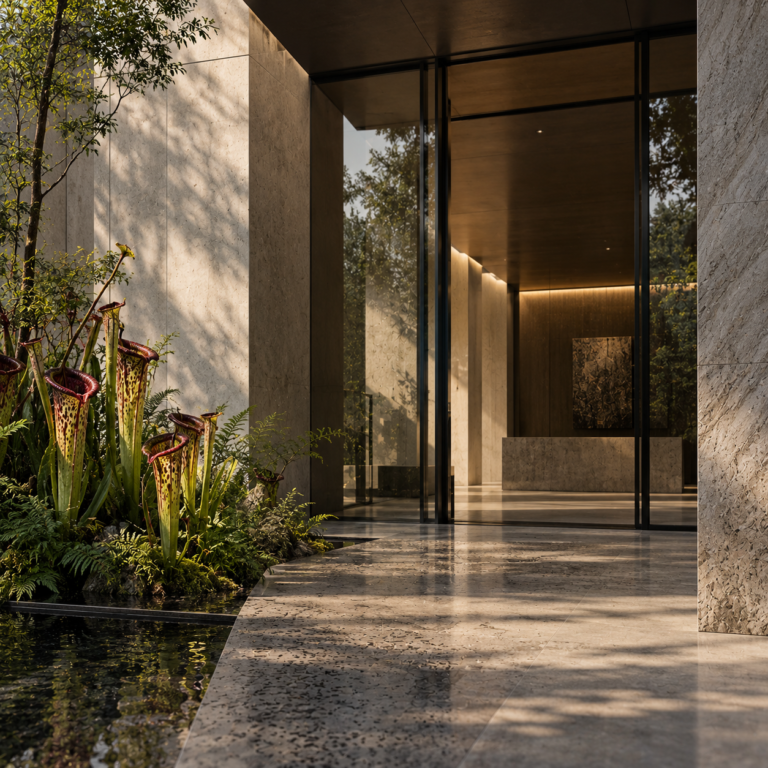 Pitcher plants beside a glazed building entrance with wet stone paving and a reflecting pool.
