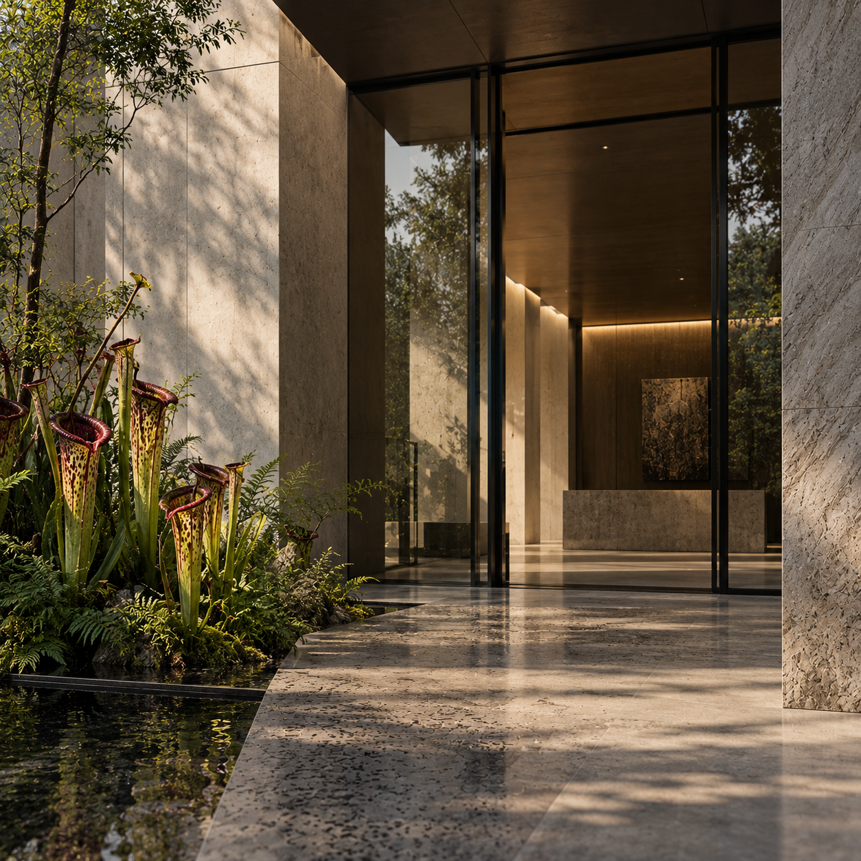Pitcher plants beside a glazed building entrance with wet stone paving and a reflecting pool.